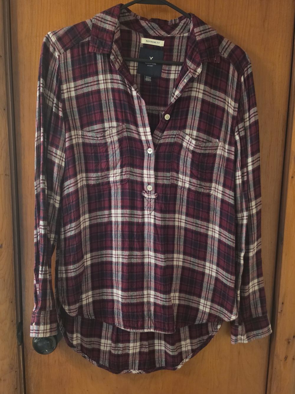 American Eagle Outfitters Red, Black and Cream Plaid Button-Up Shirt